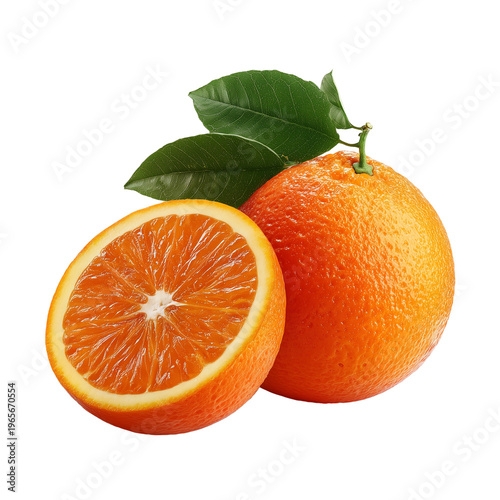 A fresh whole orange and a juicy half with green leaves are elegantly presented on a black background. isolated on transparent background