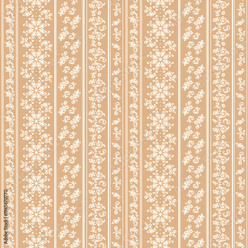 Ornament with Alternating Stripes. Traditional Damask Floral Striped Seamless Pattern. Ethnic Oriental Decor Beige Color. Hand drawing Vector Illustration, Handmade