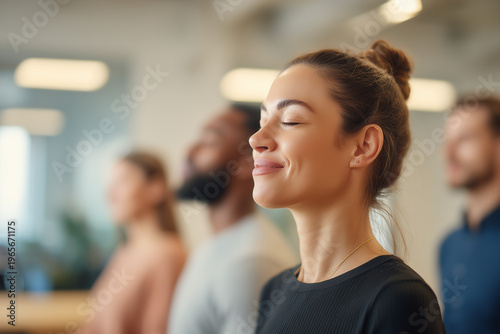 mindful businesswoman relaxation break at work