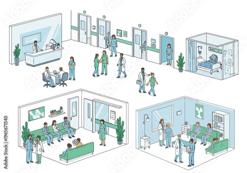 Medical professionals in hospital rooms working.