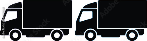 Delivery Truck Vector Icon Set, two black silhouette cargo vehicles, modern transport symbol for logistics and shipping, isolated on white background for web or app design
