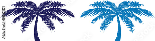 Tropical Palm Tree Vector Illustration Set, Dark Blue and Light Blue Exotic Island Tree Silhouettes, Summer Vacation and Beach Holiday Graphic Elements
