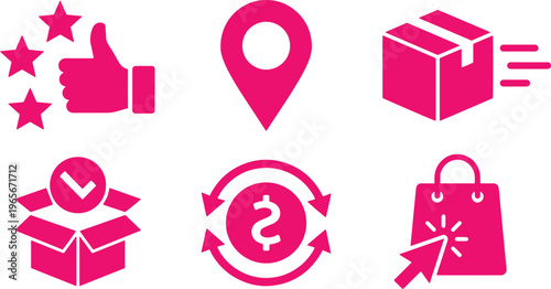 Vibrant pink e-commerce vector icon set, customer service and delivery symbols, online shopping and business transaction graphics, modern digital marketing assets