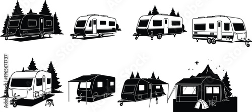 Camping trailers and caravans vector set with outdoor adventure scenes, travel lifestyle illustrations, recreational vehicles, holiday camping, and nature exploration