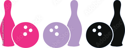 Vibrant Bowling Ball and Pin Vector Set, a Modern Graphic Resource for Sports and Recreation Designs. Pink, Lavender, and Black Bowling Equipment Silhouettes for Active Lifestyle Concepts