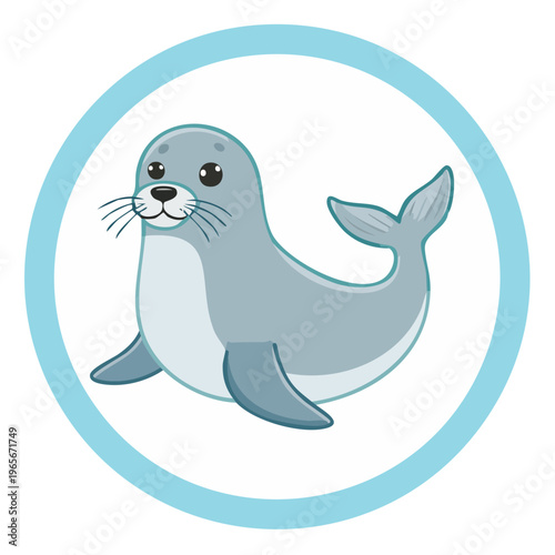 Cute cartoon seal illustration in a light blue circle with a white border