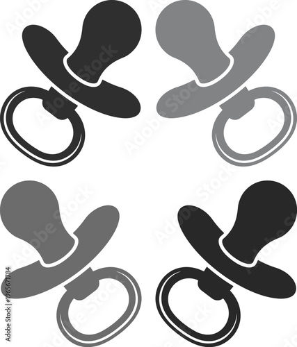 Baby pacifier vector icons, four monochrome infant soothers, newborn dummy collection, childcare and parenting essentials, simple black and gray baby care graphic elements