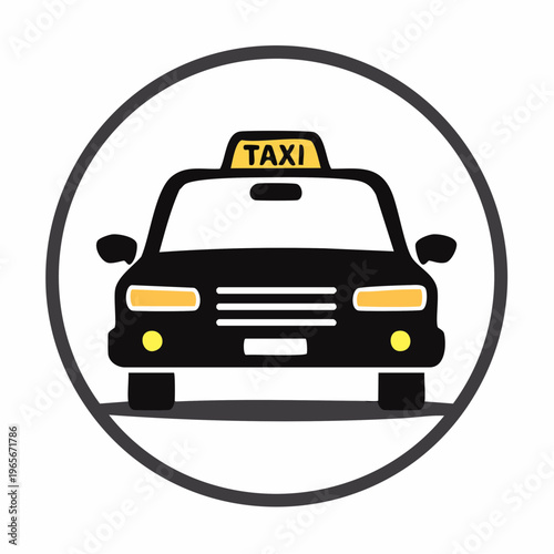 Vibrant graphic icon featuring a black taxi cab, symbolizing urban mobility, efficient city transit, and convenient on-demand passenger transport services