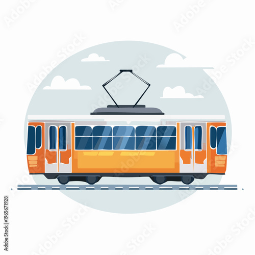 Vibrant orange and white streetcar illustration, depicting urban mobility and efficient public transit for city commuters