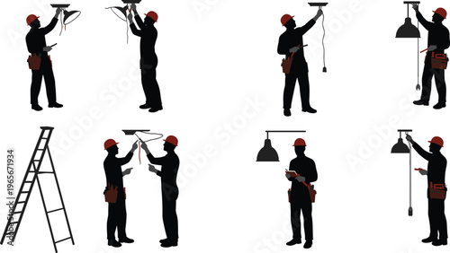 "Ceiling light installation workers vector illustration, electrician fixing lamp fixture, hard hat safety teamwork, electrical wiring repair, construction maintenance concept"