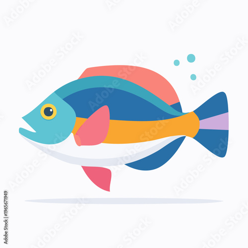 Colorful illustration of a tropical fish with blue, orange, yellow, and pink stripes