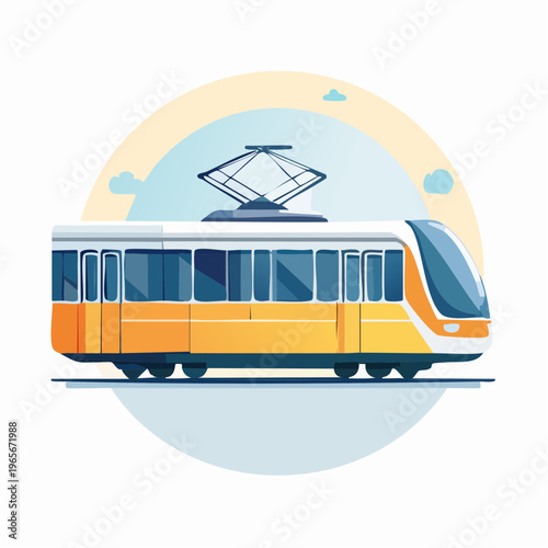 Modern public transportation tram illustration with overhead power lines and cloudy sky