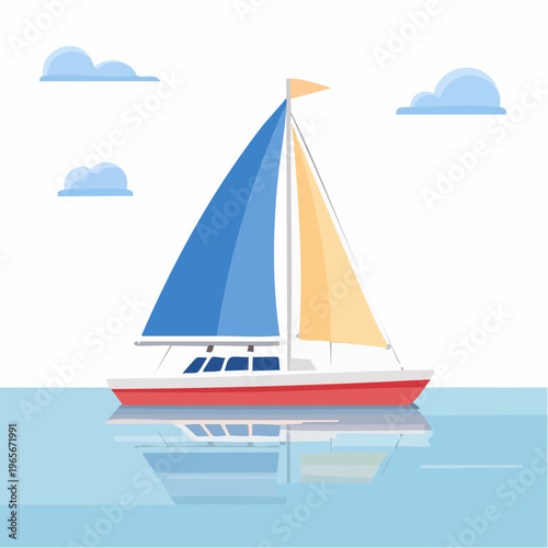 Sailing boat with colorful sails on calm blue water under a clear sky