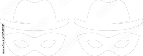 Detective Hat and Mask Vector Outline Set, Spy Disguise Elements, Secret Agent Costume Accessories, Incognito Identity Graphics for Mystery Themes