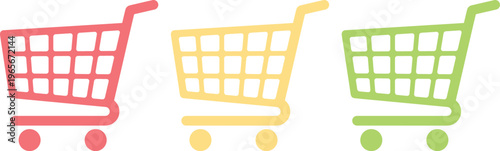 Colorful shopping cart vector icons, three vibrant grocery trolleys in red, yellow, and green, perfect for e-commerce, retail, and online store graphics