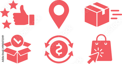 E-commerce vector icon set, modern online shopping and delivery symbols, digital retail business graphics. Customer review, location pin, fast shipping, package check, money exchange