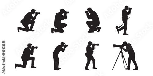 Cuadro en lienzo Black silhouette photographer set, man taking photos, standing, crouching, waving hand, professional photography, digital camera, equipment, isolated white background