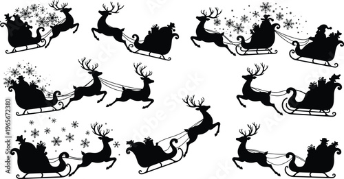 Christmas Santa sleigh silhouette with flying reindeer, festive holiday vector illustration, winter season decoration, Xmas celebration design element art"