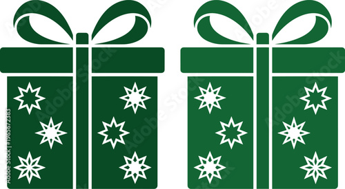 Festive green gift boxes, two elegant Christmas presents with white star patterns, holiday celebration vector illustration for seasonal promotions and greeting cards