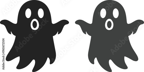 Spooky Halloween ghost vector illustration, two dark black and gray cartoon ghosts, scary spectral phantom graphic, ethereal spirit design for holiday decorations and party invitations