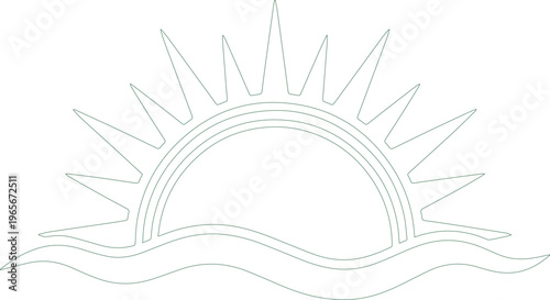 Minimalist sun rising over water vector icon, abstract sunrise graphic element, simple dawn symbol, clean weather illustration for branding and design projects