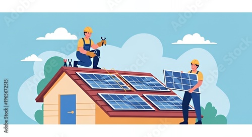 Workers Installing Solar Panels on House Roof with Blue Sky