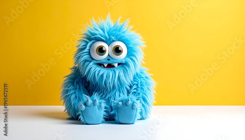A fluffy, azure-colored creature with large eyes, a friendly smile, and a yellow backdrop. It sits on a white surface