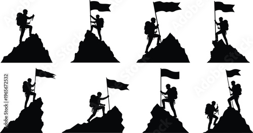 "Silhouette mountain climber reaching summit with flag, adventure success concept, perseverance achievement journey, outdoor hiking challenge vector illustration design"