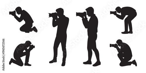 Cuadro en lienzo Black silhouette photographer set, man taking photos, standing, crouching, waving hand, professional photography, digital camera, equipment, isolated white background