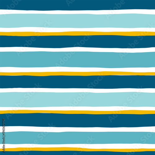 Stripes seamless pattern. Blue and yellow lines print. Watercolor sea stripes hand drown background