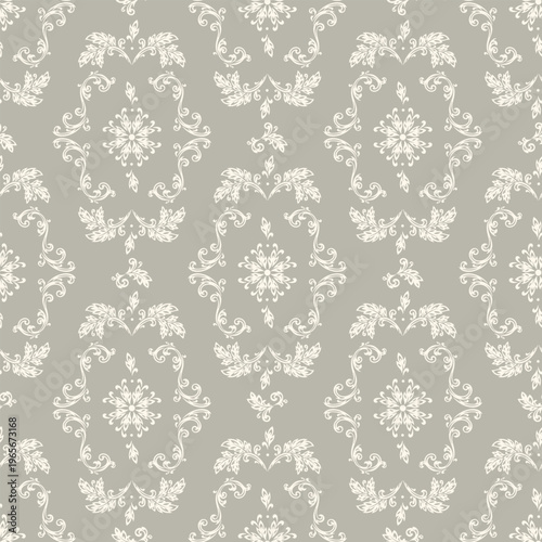 Monochrome Gray Traditional Damask Floral Seamless Pattern. Ornate Ornament with Botanical Swirls and Filigree Details. Ethnic Oriental Decor Vector Illustration. Handmade	
