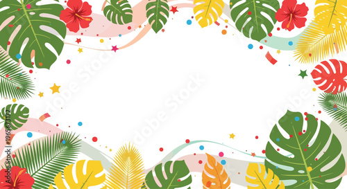 Vibrant tropical frame with colorful leaves, flowers, and confetti on a white background with a festive and playful mood.