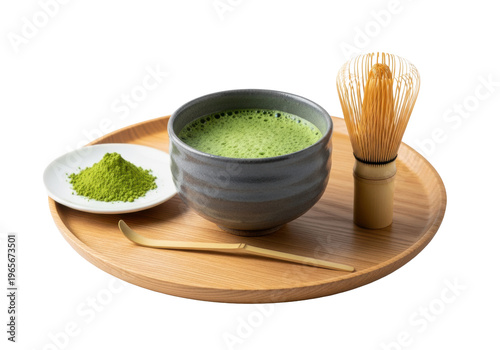 A photorealistic japanese matcha tea set with a ceramic bowl, bamboo whisk, and green powder on a light wood tray. Japanese sado ritual atmosphere