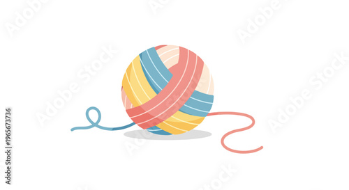 Colorful ball of yarn with blue, pink, and yellow threads on a white background with a subtle shadow effect.