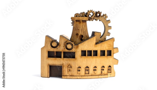 A finely crafted, stylized factory model made of wood, showcasing details. The design includes gears atop