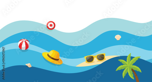 Illustration of a beach scene with a palm tree, sunglasses, hat, and inflatable ball floating on wavy blue water against a white background.