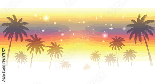 Graphic illustration of palm trees against a vibrant sunset with a white background and starry night sky.