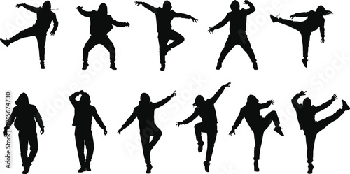 Dynamic hooded dancer silhouettes in expressive motion poses, urban street dance choreography, energetic performance illustration, vector art for creative design projects
