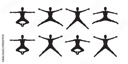 Tableau sur toile Black Human Silhouette Vector Set Displaying Standing, Squatting, and Star Jump Poses