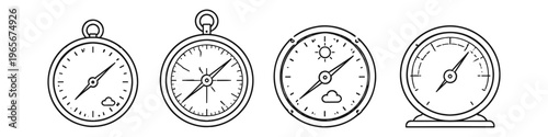 Collection of vintage compasses and gauges with simple line art illustrations