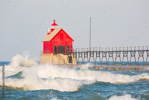 64795-01211 Grand Haven South Pier Lighthouse at sunrise on Lake Michigan, Ottawa County, Grand Haven, MI