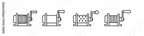 Collection of four line art icons depicting different types of winches and reels
