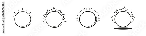 Collection of simple line art sun icons with varying styles and intensity
