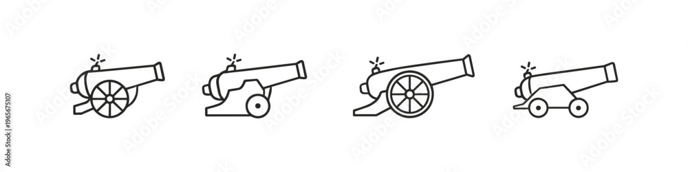 Fototapeta premium Collection of four line art cannons with wheels, representing historical artillery pieces