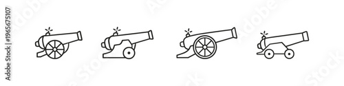 Collection of four line art cannons with wheels, representing historical artillery pieces