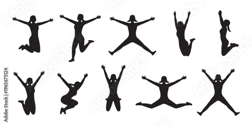 Bild auf Leinwand Black Human Silhouette Vector Set Displaying Standing, Squatting, and Star Jump Poses