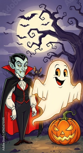 Halloween Night - Spooky Vampire, Ghost, and Jack O Lantern.