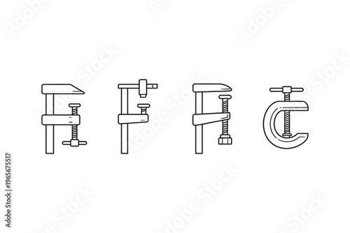 Collection of four different types of clamps for woodworking and metalworking projects