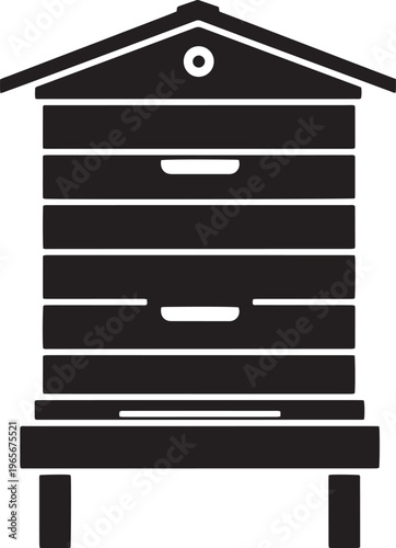 Black silhouette of a beehive on a stand with horizontal slats and peaked roof