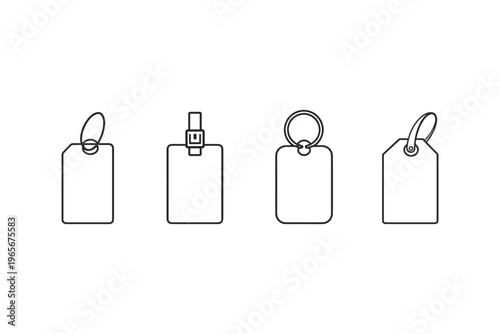 Collection of four blank rectangular tags with different attachments for identification